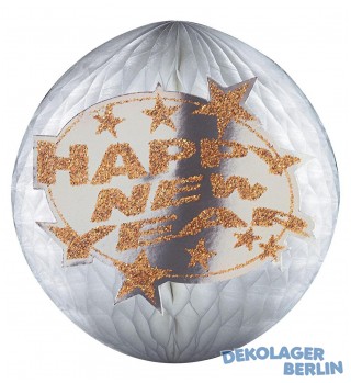 Silvester Deko Hängedeko Happy new year Wabenball gold silber