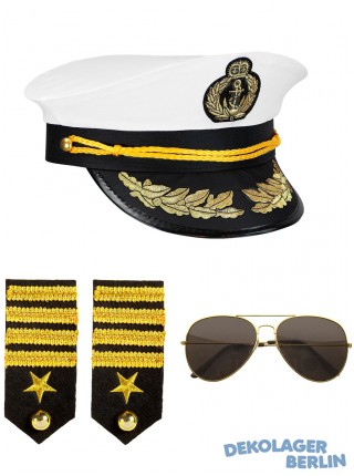 Kapitän Kostüm Set Hut Brille und Schulterklappen