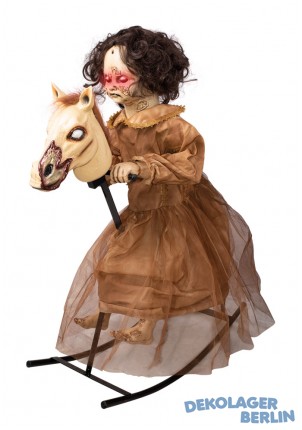 Halloween Deko gruseliges Schaukelpferd mit Puppe