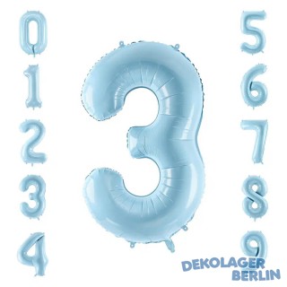 Folienballon hellblau als Zahlenballon 0 bis 9 86cm