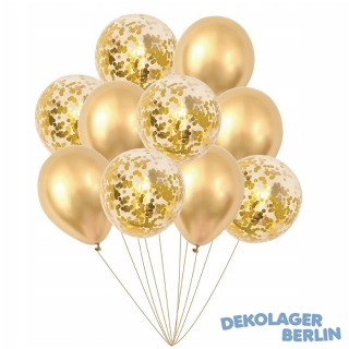 Set aus 10 Ballons Chrome & Konfetti in Gold