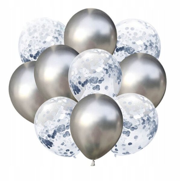 Set aus 10 Ballons Chrome & Konfetti in silber