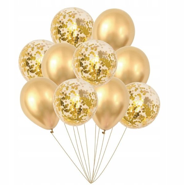 Set aus 10 Ballons Chrome & Konfetti in Gold