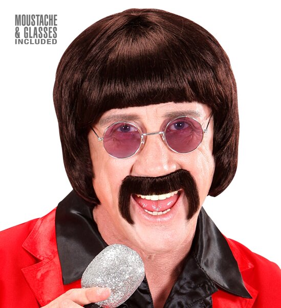 60er Beat Star Pilzkopf Perücke braun mit Bart und Brille