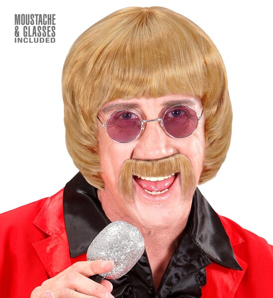 60er Beat Star Pilzkopf Perücke blond mit Bart und Brille