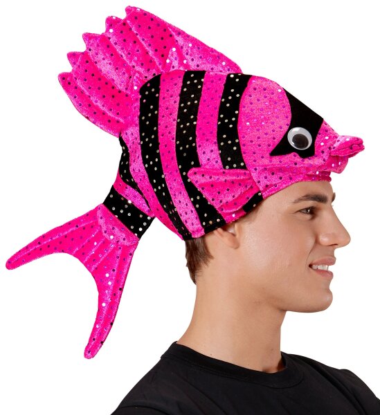 Tropischer Fisch als Hut in pink