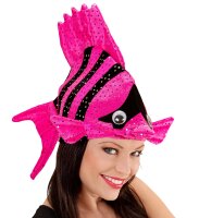 Tropischer Fisch als Hut in pink