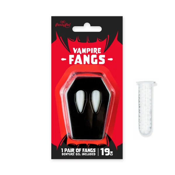 Vampir Set große Zähne im Sarg 19mm mit Haftcreme