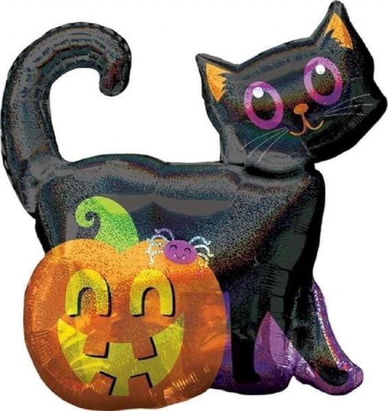 Holografischer Ballon schwarze Katze mit Kürbis zu Halloween