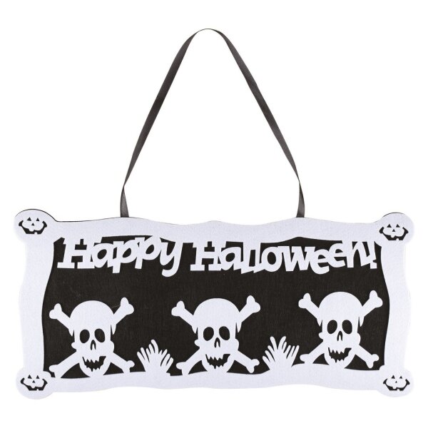 Happy Halloween Party Schild mit Totenköpfen